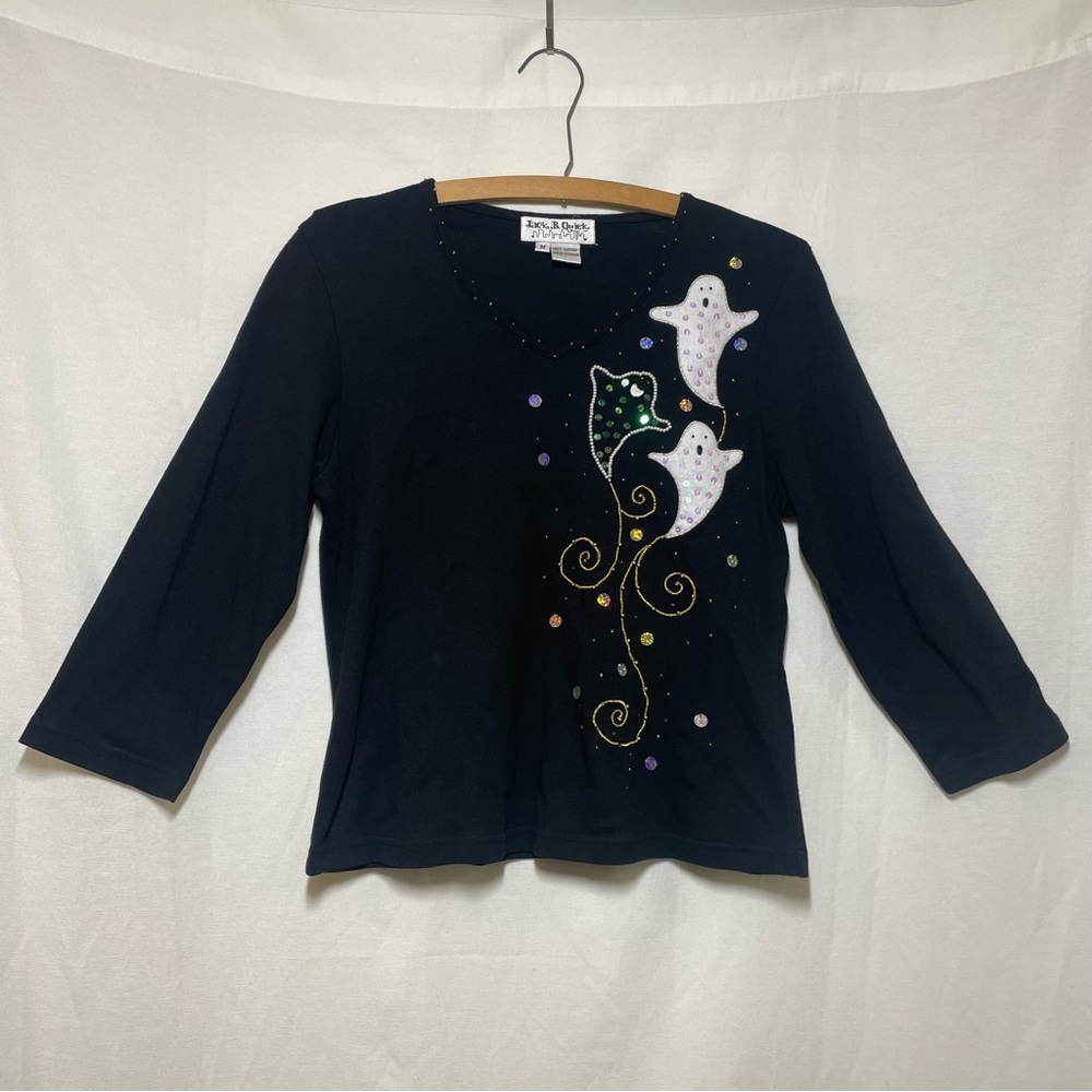 Vintage Jack B Quick Halloween Womens Medium Top Black Ghost Embellished